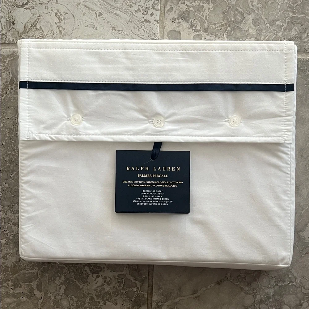 Ralph Lauren Home Organic Cotton Percale Palmer Queen Flat Sheet, Polo Navy, NEW